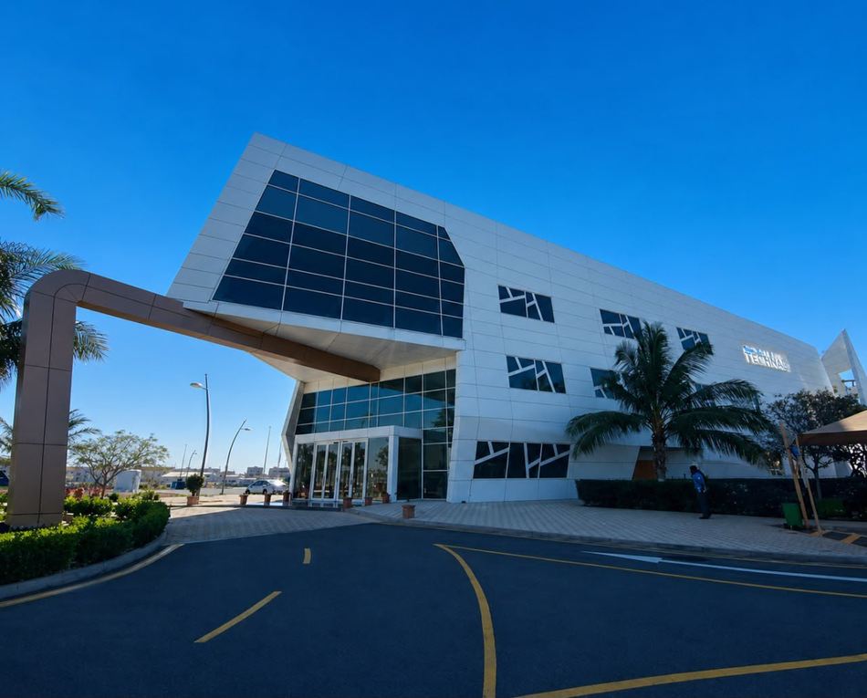 The main entrance and canopy of the Ministry of Sport building