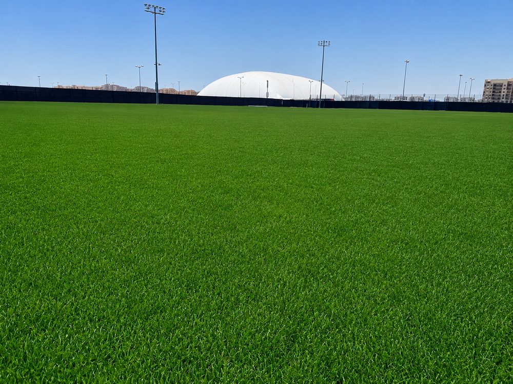 A full-size pitch with the covered air dome on the horizon
