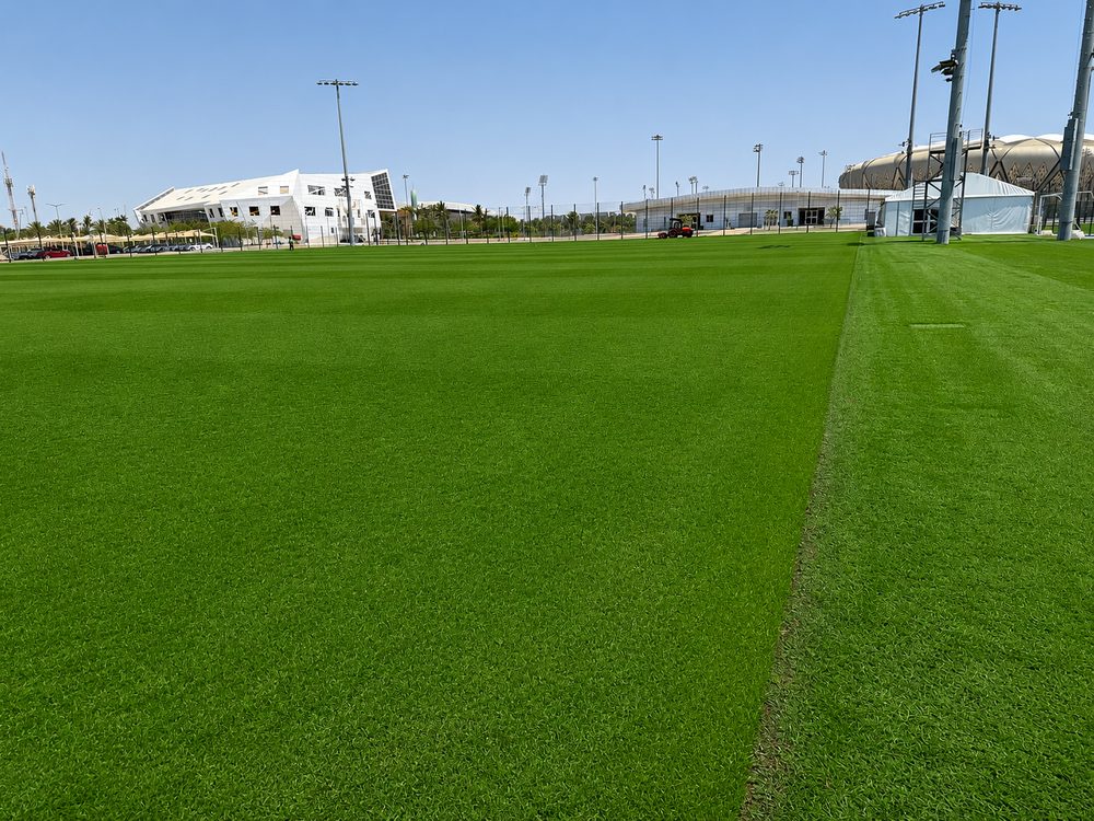 A wide training pitch with estate buildings on the horizon